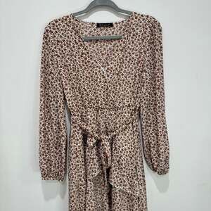 Simplee Brown & White Floral Midi Dress V-Neck Ruffle Tie Waist Size M